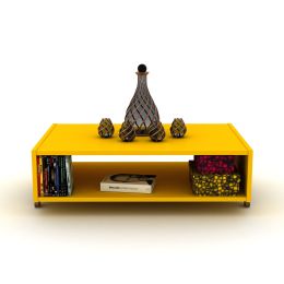HT Design Kipp Cross Legs Wooden Frame Rectengular Coffee Table for Living Rooms with Interior Shelving; Walnut/Yellow