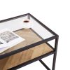 40.16" Glass Coffee Table; 2 Tier Rectangular Modern Center Table; Living Room Table; Black Metal Reversable Chevron Oak and Pine