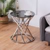 Set of 1 Round Glass Top Side Table for Living Room- Black Grey Tempered Glass & Silver Stainless Steel Frame; 19.5" Modern Spiral Center Table Small