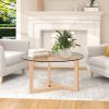 ON-TREND Round Glass Coffee Table Modern Cocktail Table Easy Assembly with Tempered Glass Top & Sturdy Wood Base; Natural (OLD SKU: WF190112AAL)