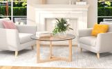 ON-TREND Round Glass Coffee Table Modern Cocktail Table Easy Assembly with Tempered Glass Top & Sturdy Wood Base; Natural (OLD SKU: WF190112AAL)
