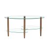 Transparent Oval glass coffee table; modern table in living room Oak wood leg tea table 3-layer glass table