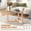 ON-TREND Round Glass Coffee Table Modern Cocktail Table Easy Assembly with Tempered Glass Top & Sturdy Wood Base; Natural (OLD SKU: WF190112AAL)