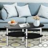Tempered glass oval edge coffee table frame chrome base living room black