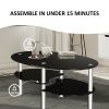 Tempered glass oval edge coffee table frame chrome base living room black