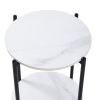 2-layer End Table with Whole Faux Marble Tabletop; Round Coffee Table with Black Metal Frame for Bedroom Living Room Office (White; 1 piece)