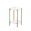 2-layer End Table with Whole Faux Marble Tabletop; Round Coffee Table with Golden Metal Frame for Bedroom Living Room Office (White; 1 piece)