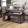 Lift Coffee Table Pop Up Cocktail Table with Hidden Compartments and Shelves White/Brown