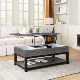 U-style Lift Top Coffee Table with Inner Storage Space and Shelf (Color: as Pic)
