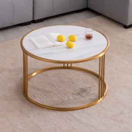 Sintered stone round coffee table with golden stainless steel frame (Color: Golden)