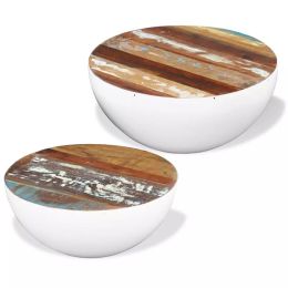 vidaXL Two Piece Bowl Shaped Coffee Table Set Solid Reclaimed Wood (Color: White)