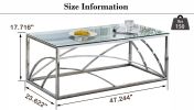 Stainless Steel Rectangular Accent Glass Coffee Table for Living Room- 46.8" Modern Sleek Center Table with Lounge Table with Blue Gray Tempered Glass
