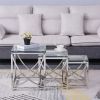 3 Pieces Silver Square Nesting Glass End Tables- Small Coffee Table Set- Stainless Steel Small Coffee Tables with Clear Tempered Glass- 18" Modern Min