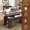 Lift Coffee Table Pop Up Cocktail Table with Hidden Compartments and Shelves White/Brown